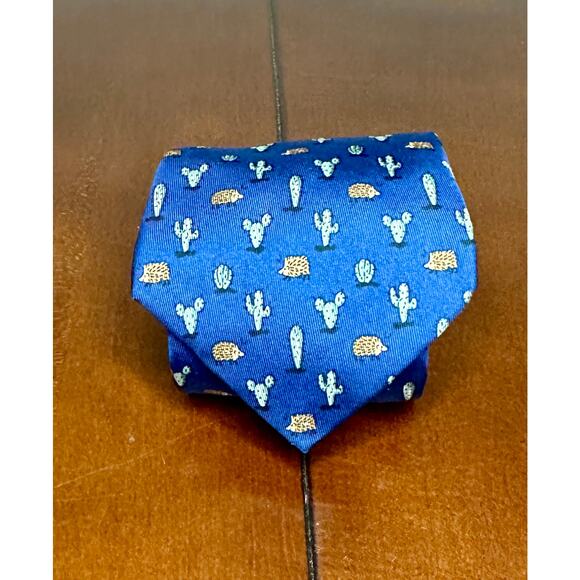 Vintage Hermes Silk Blue Beck Tie Cactus and Hedgehog Print - Picture 1 of 3